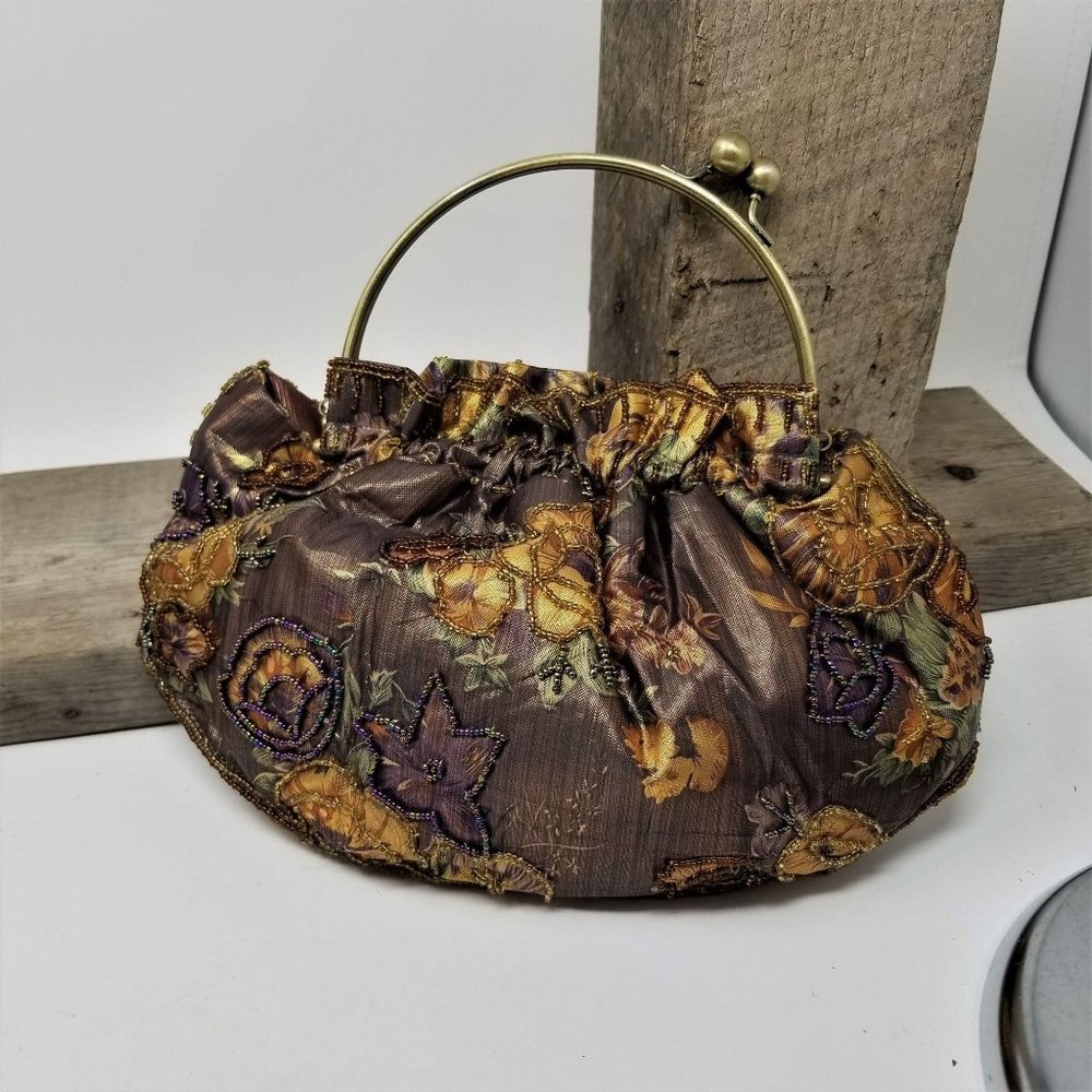Metalic Beaded Purse 2 Handles Floral